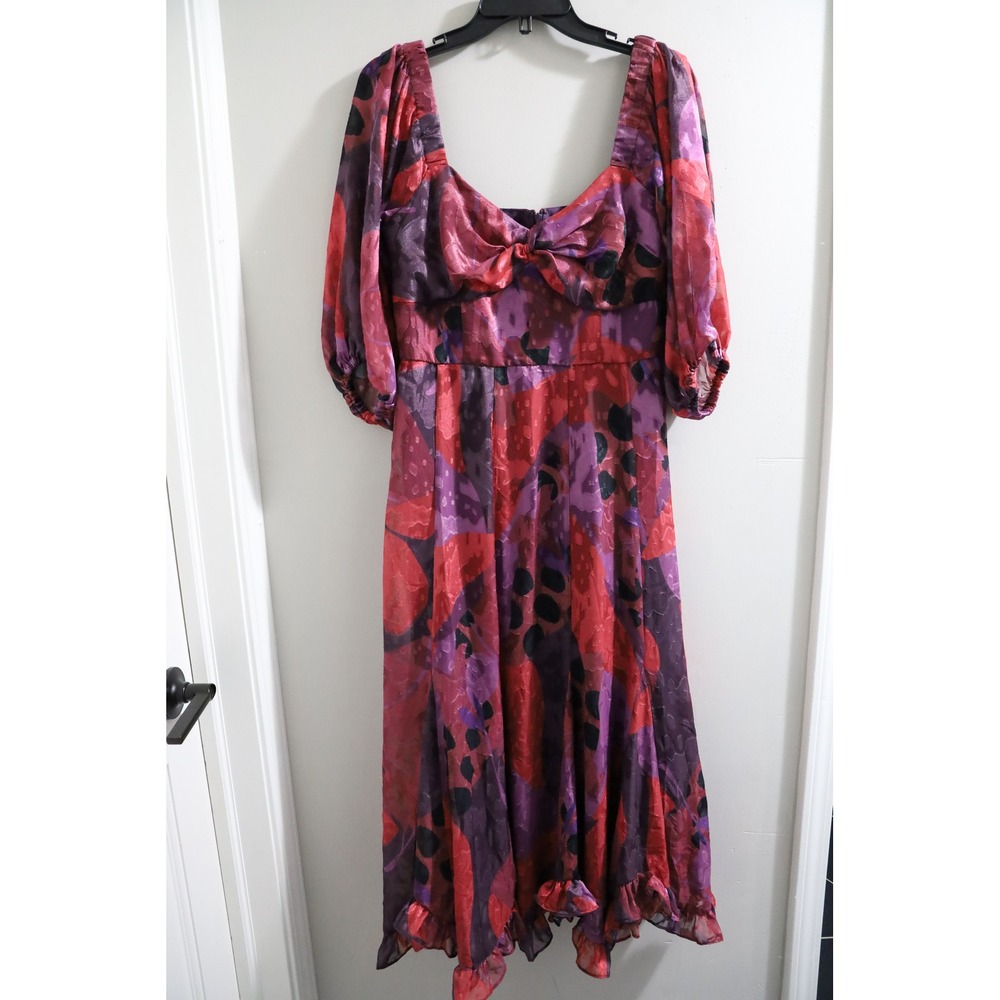 HUTCH Floral Print Neck Midi Dress Purple‎ Red Puffed Sleeve